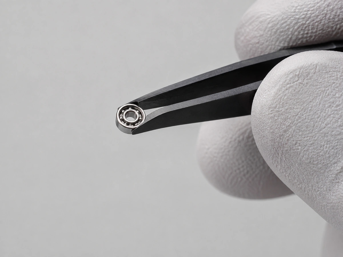 Generic miniature dental bearing held with tweezers to show scale