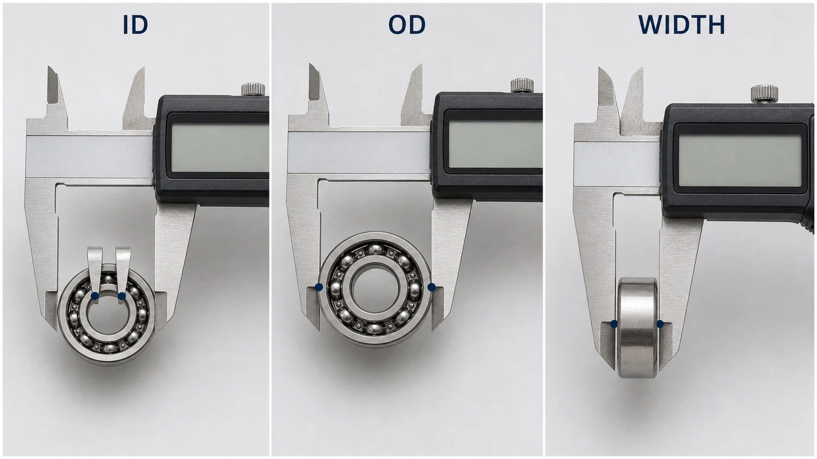 Illustration: caliper measurement of bearing ID, OD and width