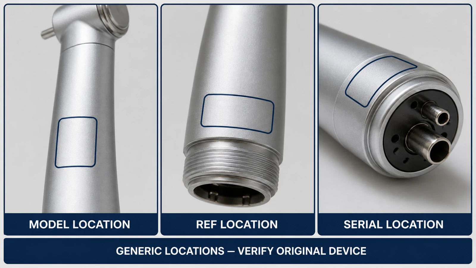 Generic model REF and serial location guide for handpiece identification