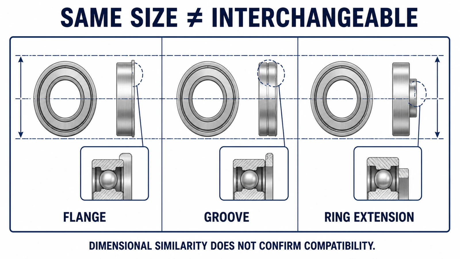 Comparison showing that bearings with the same dimensions may not be interchangeable
